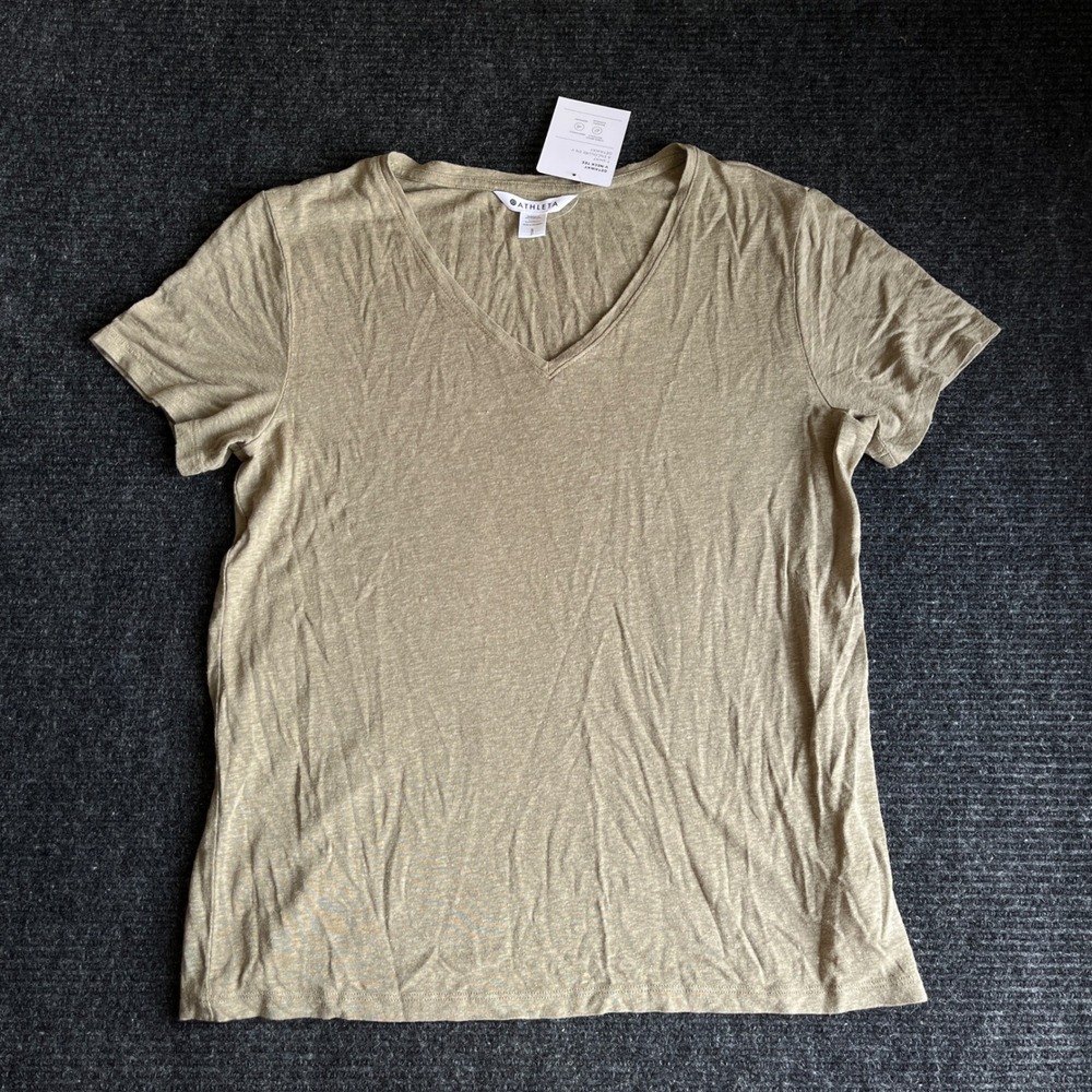 Athleta Getaway V-Neck Tee Olive Green Linen Tencel Blend Short Sleeve Shirt S